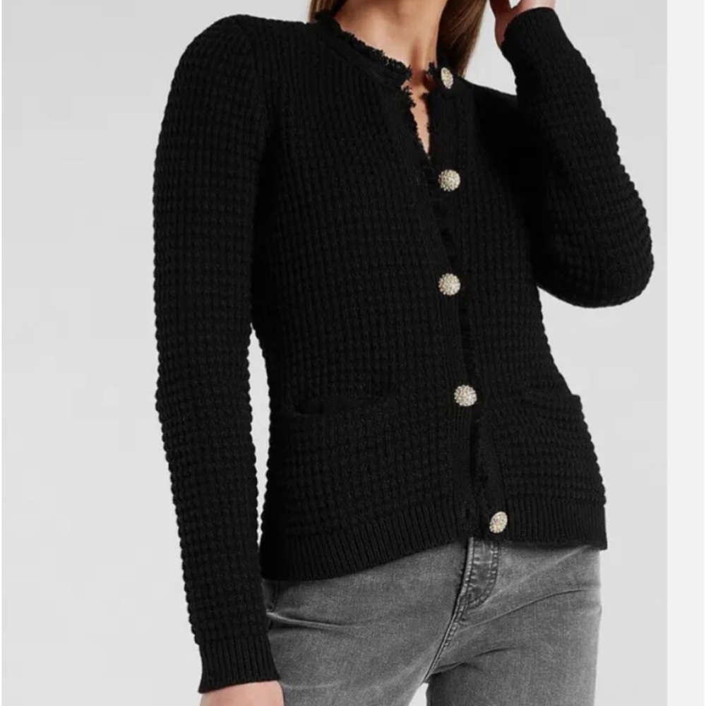 “Express” Black, Waffle, Rhinestone Button Sweate… - image 2